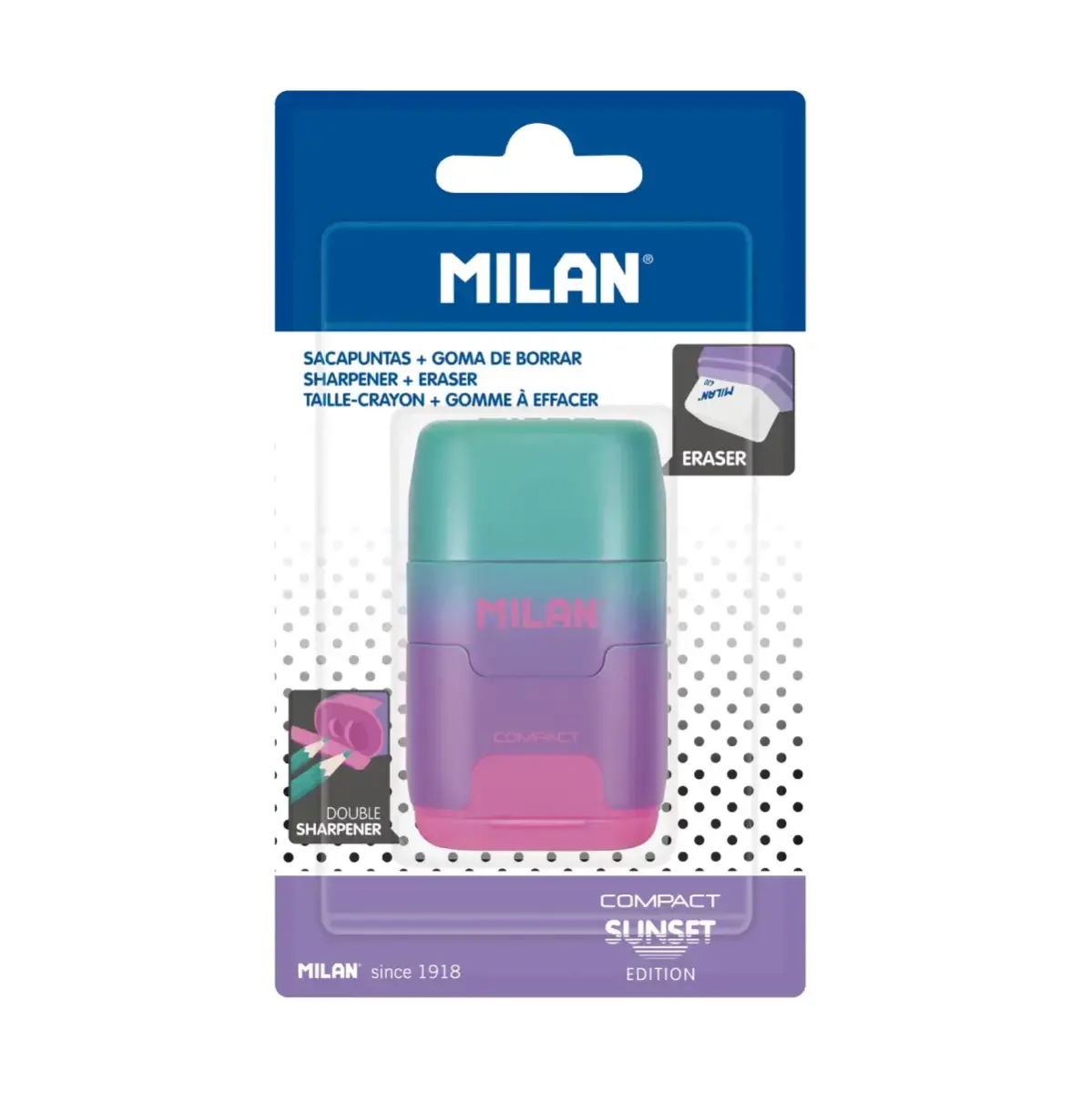 Blister gomme avec taille-crayons COMPACT Sunset lilas