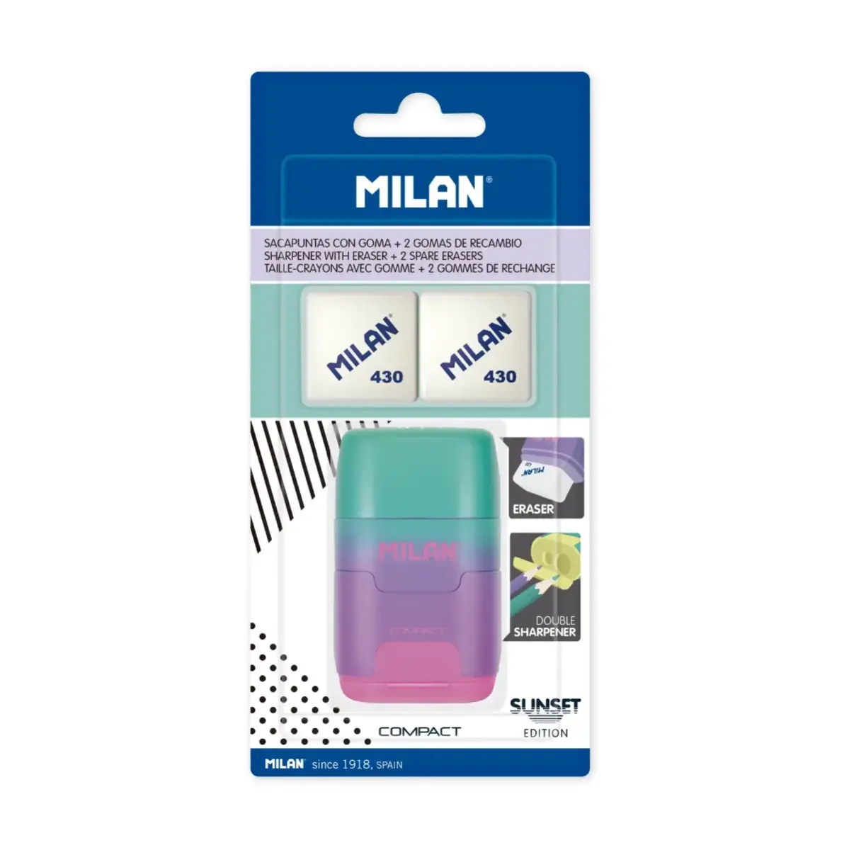 Blister gomme avec taille-crayons COMPACT Sunset lilas + 2 recharges gommes