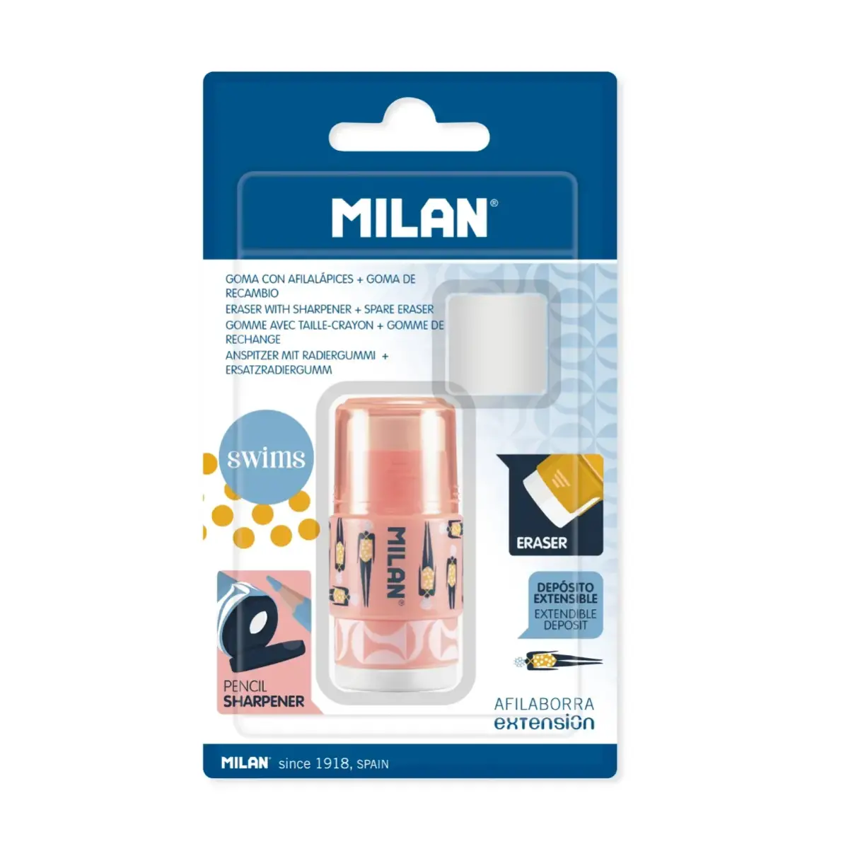 Blister gomme avec taille-crayons EXTENSION Swims + 1 gomme de rechange