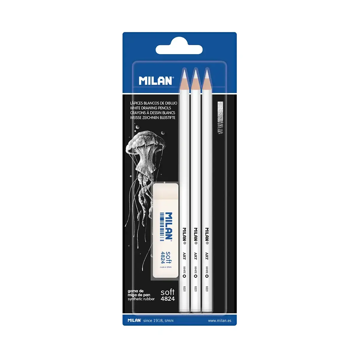 Blister 3 crayons blancs + 1 gomme MILAN 4824