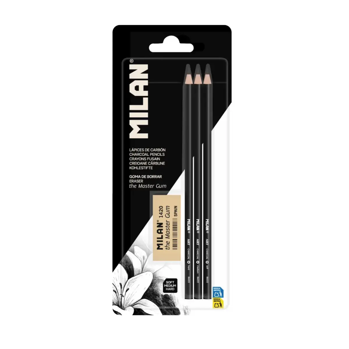 Blister 3 crayons fusain MILAN Art + gomme The Master Gum