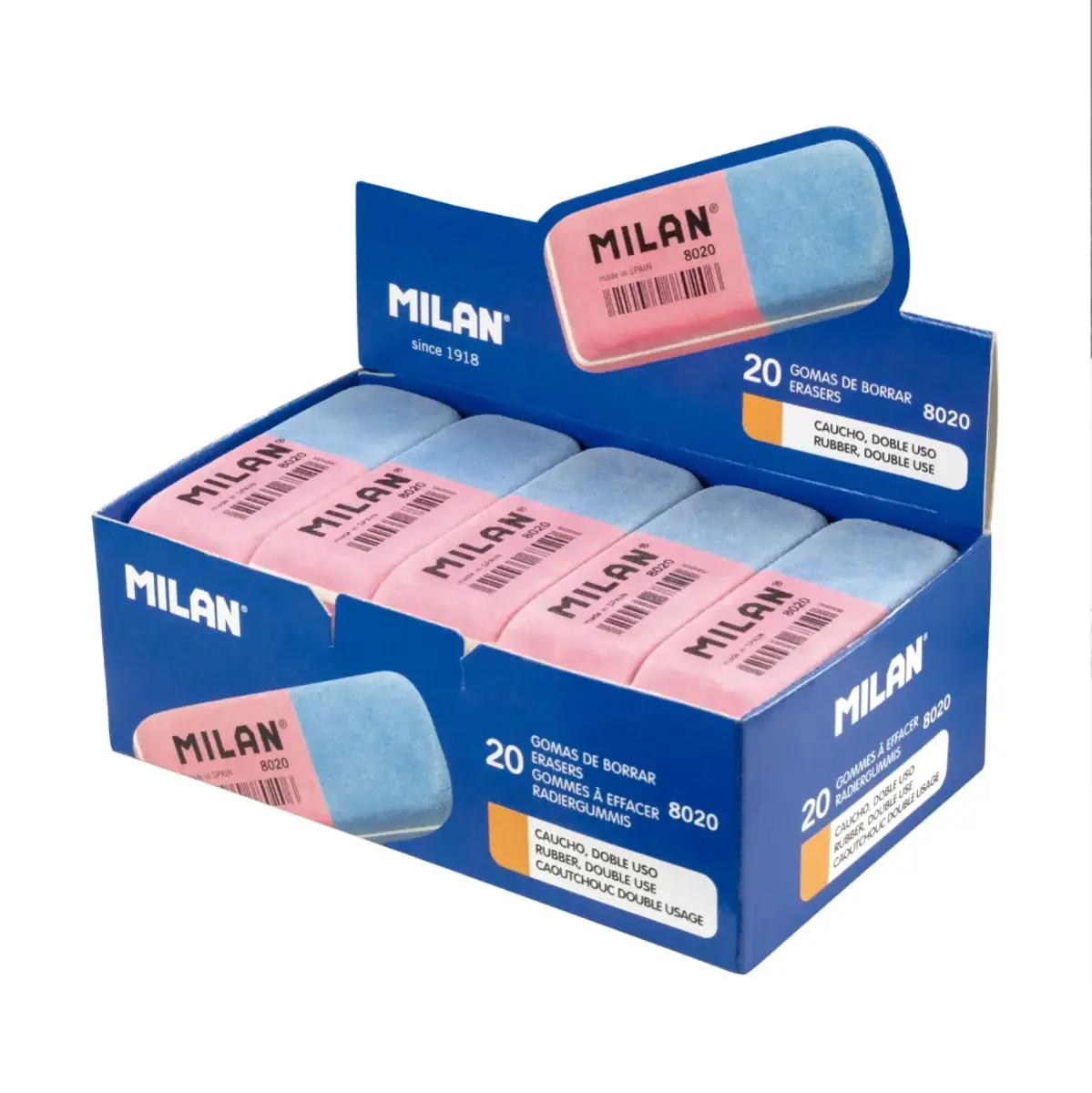 Boîte 20 gommes biseautées 8020 double usage (rose - bleu, avec bande blanche)