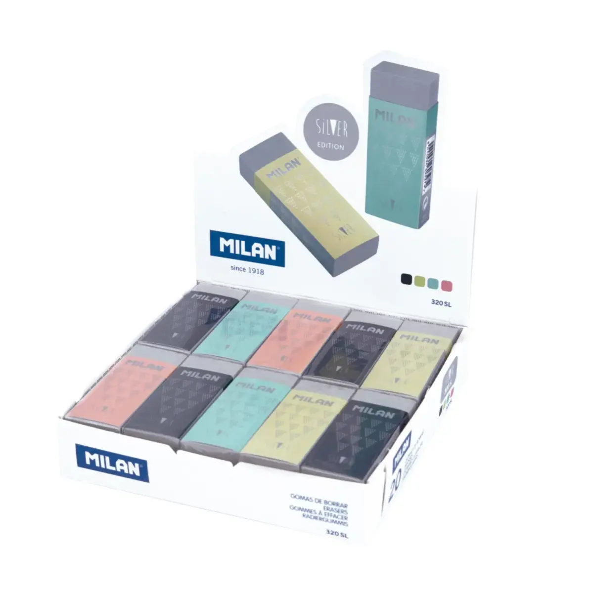 Boîte présentoir 20 gommes nata® 320 série Silver (avec manchon en carton)