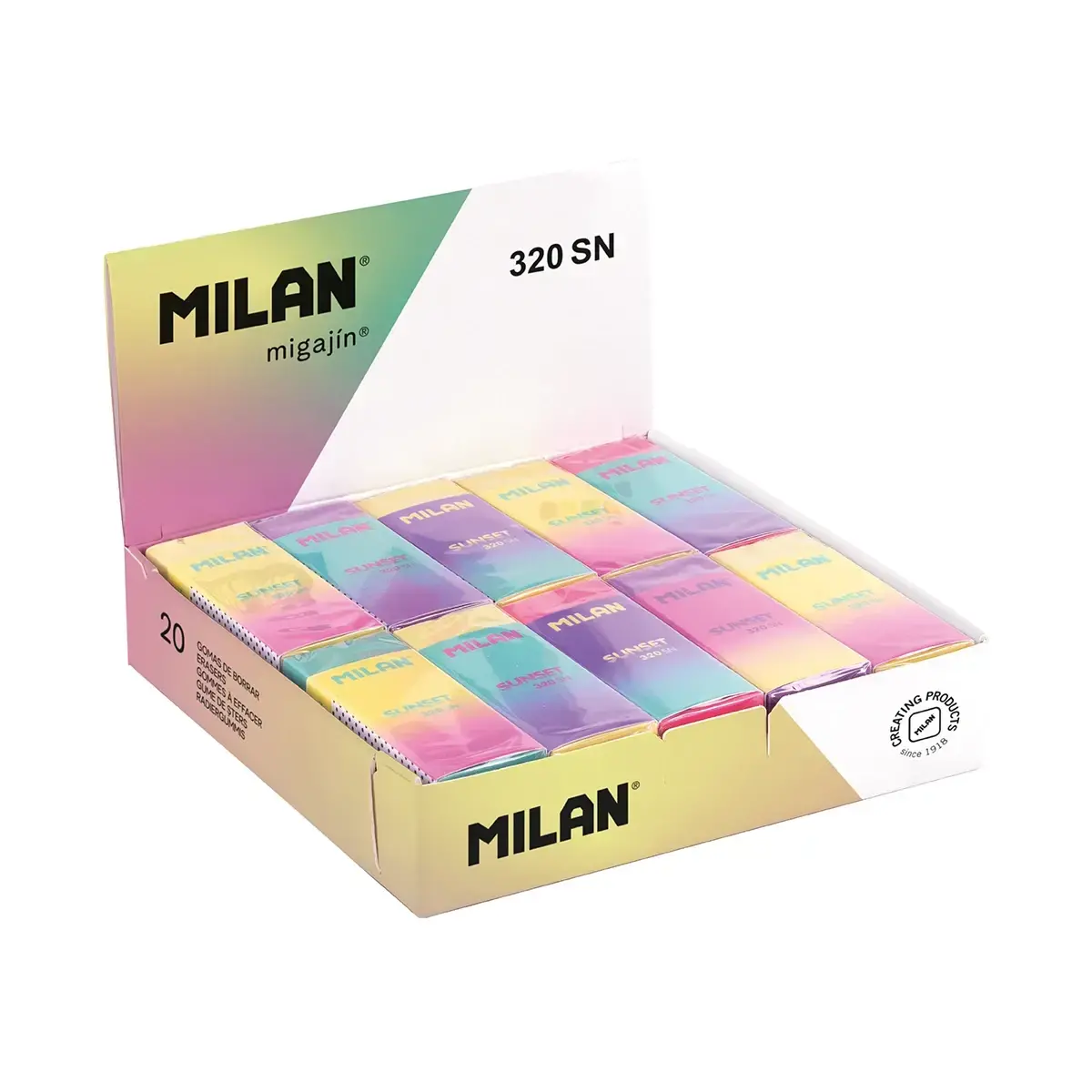 Boîte présentoir 20 gommes nata® 320 série Sunset (avec manchon encarton et emballées individuellement)