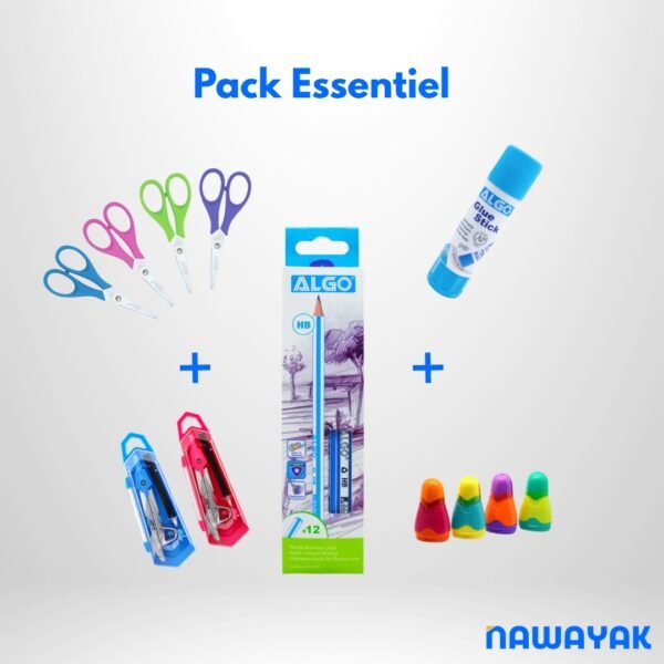 Pack Fournitures Scolaires – Boîte Crayon HB, 2 Compas, 4 Ciseaux, 4 Taille-Crayons, Colle Stick 21g